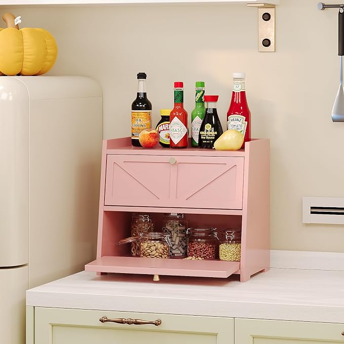 Trironsun Vintage Double Layer Bread Box for Kitchen Counter Bamboo Bread Storage Container Large Capacity Bread Storage Bin (Pink)