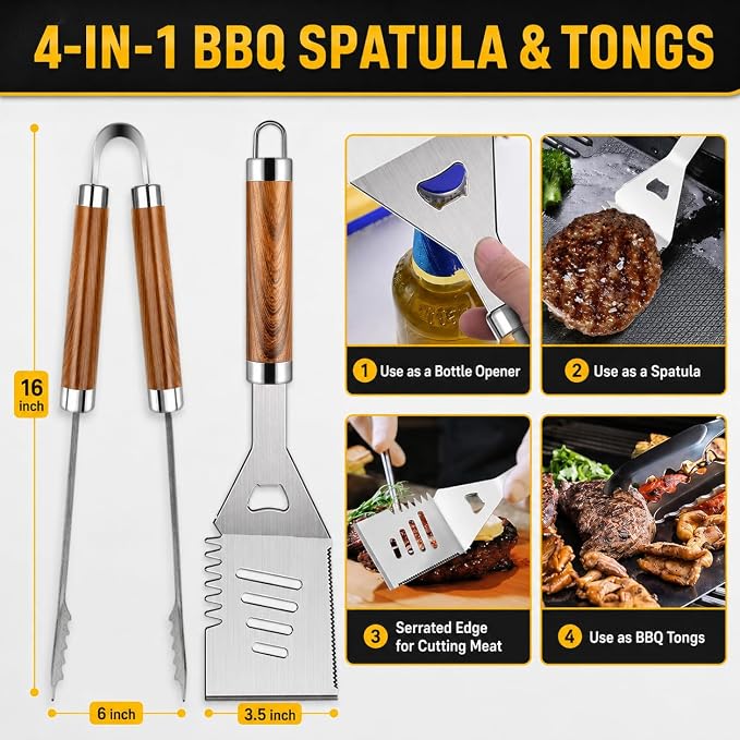 34Pcs Grill Accessories Grilling Gifts for Men, 16 Inches Heavy Duty BBQ Accessories, Stainless Steel BBQ Tools with Thermometer, Grill Mats for Backyard, BBQ Gifts Set for Men Women