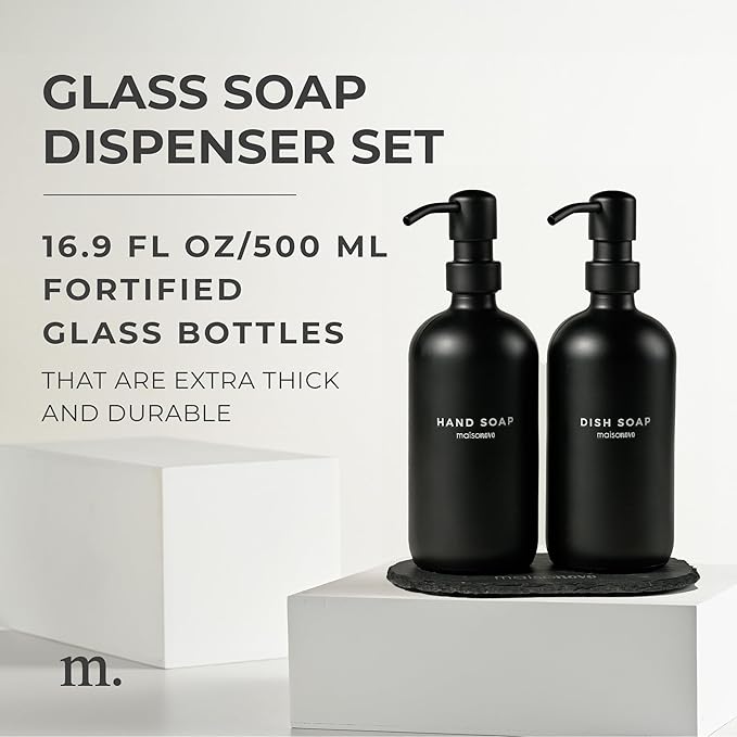 MaisoNovo Soap Dispenser 3 Piece Set - 16.9oz Black Bottles with Black Stainless Steel Pump Core