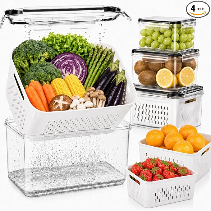 UFORU 4 Pack Fruit Storage Containers for Fridge, Produce Containers with Removable Colander, Airtight Stackable Storage Containers, Reusable Refrigerator Organizer Bins for Berries, Lettuce