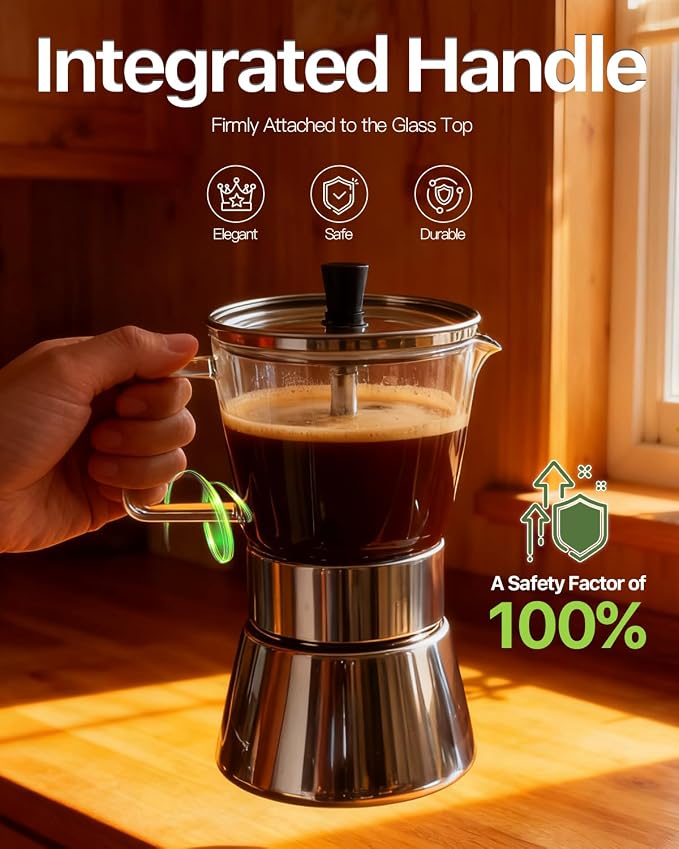Grasseed Crystal Glass-Top Moka Pot, Polished Stainless Steel Stovetop Espresso Maker for Italian Coffee, Gift for Coffee Lovers - 6 Cup/240ml/8.4oz