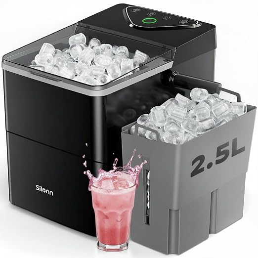 Silonn Countertop Ice Maker with 2.5L Expandable Ice Basket & 1.8L Water Tank, 9 Bullet Ice in 6 Mins, Portable Ice Makers, LED Touch Control, Self-Cleaning, 2 Ice Sizes for Home Kitchen Office