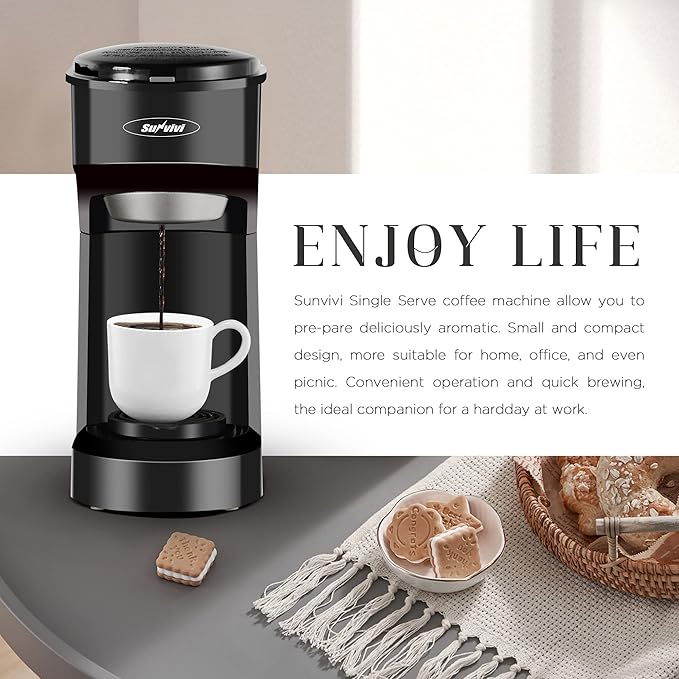 SUNVIVI Coffee Maker, Single Serve Brewer for Single Cup, One Cup Coffee Maker With Permanent Filter, 6oz to 14oz Mug, One-touch Control Button with Illumination, Black (ETL Certified)