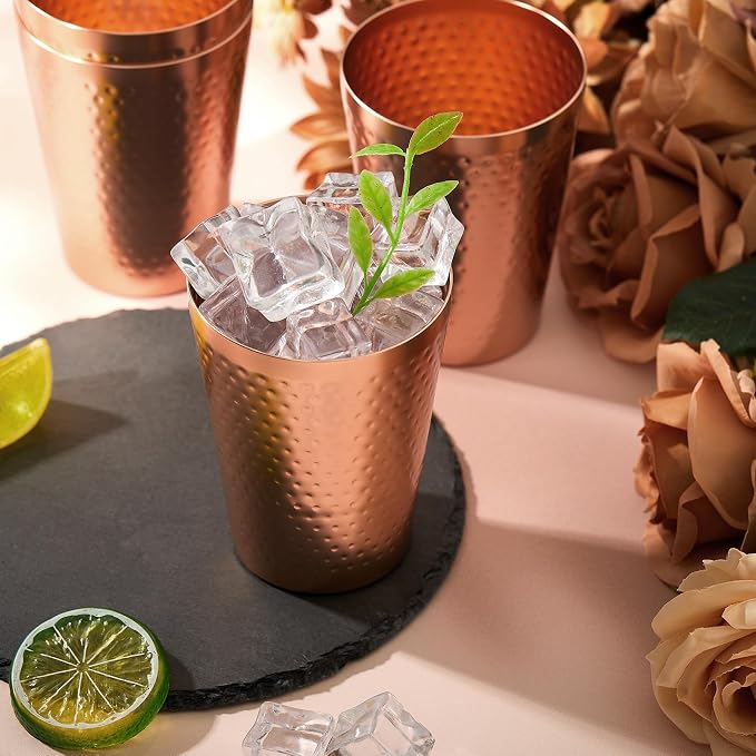 Tanlade 48 Pcs Aluminum Cups Bulk, 14 oz Copper Color Water Tumblers, Metal Cups for Drinking, Hammered Surfaces Mirror Finish Stackable Cold Glasses for Red or White Wine Iced Coffee (Gold)