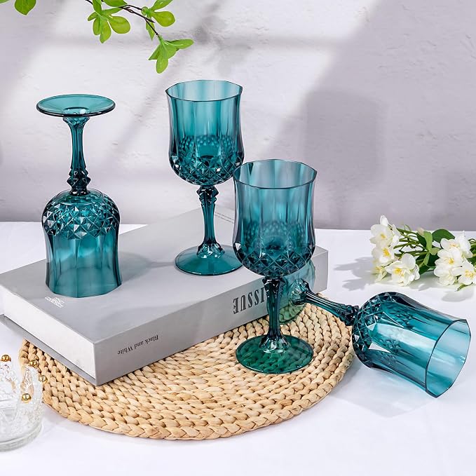Ciaell 24PCS Green Plastic Wine Glasses - 7 Oz Plastic Goblets for Party - Green Vintage Drinking Glasses - Disposable Water Goblets Set for Wedding, Bar, Wine, Beer, Juice, Cocktail