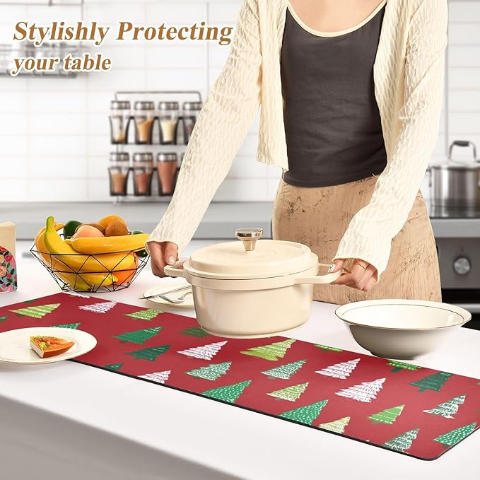 Christmas Trees White Green Trivet Table Runner Heat Resistant 230F for Hot Dishes Pots Plates Kitchen Dining Table Protector Decorative 39.37 X 11.8 Inch