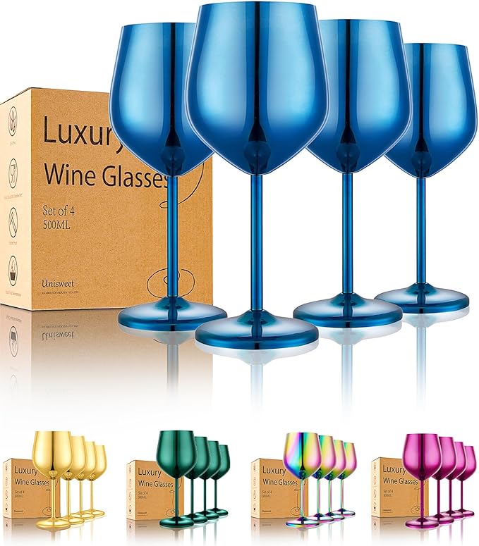 UNISWEET Stainless Steel Wine Glasses Set of 4 Unbreakable Wine Glass 18 oz Unique Metal Wine Goblets for Outdoor, Travel, Camping, Pool, Ideal Gift for Wine Lovers (Blue)