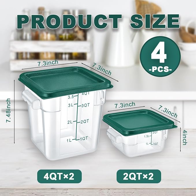 4 Pack 2QT & 4QT Food Storage Containers with Green Lids, Clear Square Restaurant Commercial Food Storage Containers with Handle and Scale, Marinating Container Dough Rising Bucket for Home & Dining