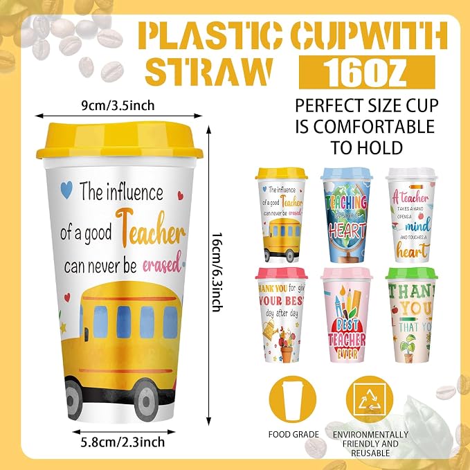 Skylety 12 Pcs Back to School Teachers Gifts Teacher Appreciation Gifts Teacher Deals Bulk Reusable Plastic Coffee Cup with Lid for First Day of School Party Decorations (Vivid)