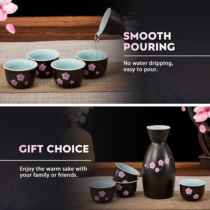 DUJUST 5 pcs Japanese Sake Set, Traditional Sakura Design Sake Serving Set, 1 Sake Bottle with 4 Sake Cups, Japanese Style Sake Set for Home/Party, Ideal Japanese Gifts for Sake Lovers - Black