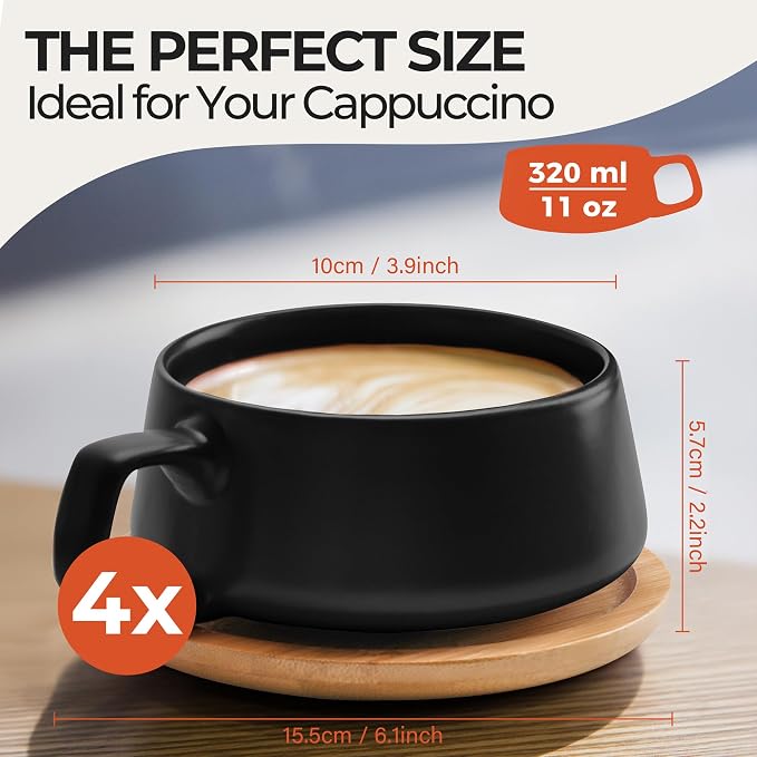 MIAMIO – 11 Oz., Set of 4 Ceramic Tea Cup and Saucer Bamboo/Tea Mug - Wide Cappuccino Cup, Coffee Cups Ceramic Mug for Cappuccino, Latte, Espresso & Americano - Luxe Collection (Black)