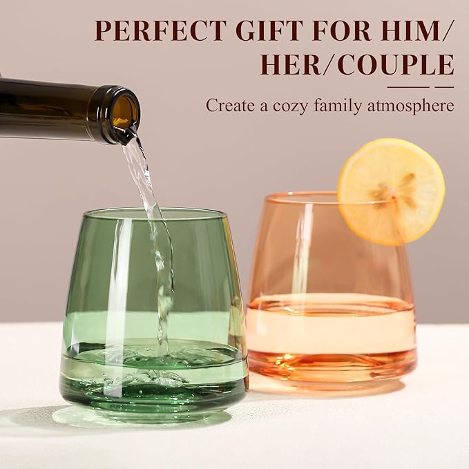 Colored Stemless Wine Glasses Set of 6-15 oz Hand-Blown Crystal Colored Glassware, Multicolor Glassware for Lovers, Wedding, Birthday, Christmas, Housewarming Gifts for Women