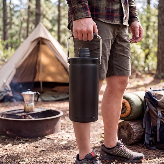 Kerilyn Insulated Half Gallon Jug with Handle, 64oz Stainless Steel, Large Double Vacuum Water Bottle for Hot & Cold Drinks, Wide Mouth, Sweat Proof, Great for Travel, Camping, Black