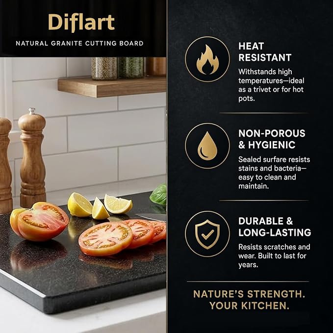 Diflart Natural Granite Cuttings Board for Kitchen, 16x20 Inch, Black, Stone Pastry Slab Large with Non-Slip Feet for Baking, Cheese, Charcuterie, Dough, Chocolate, Pack of 1 Piece