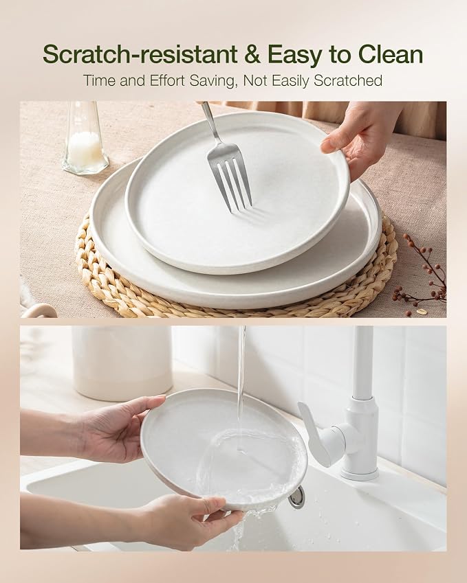 Famiware Milkyway Plates and Bowls Sets, 12 Pieces Dinnerware Sets, Reactive Glaze Dish Set, Stoneware Dishes Set for 4, Matte Beige White & Light Pink