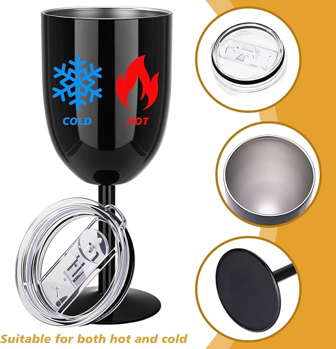 Yinder 8 Pcs Stemmed Stainless Steel Wine Glasses, 12 oz Stainless Wine Goblet with Lids Double Wall Insulated Unbreakable Goblets Insulated Stem Tumbler for Friendship Birthday Party (Black)