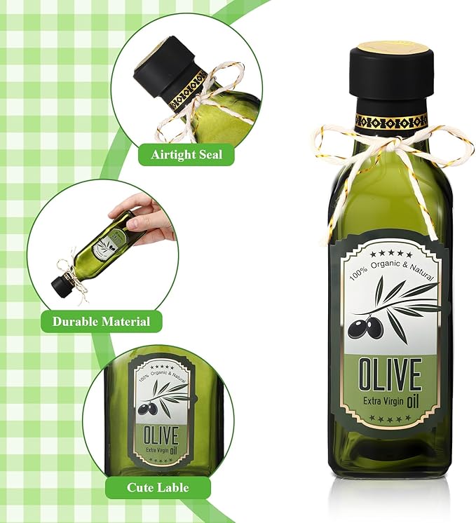 Reallnaive 20 Pcs 4 oz Mini Glass Olive Oil Bottles Empty Sauce Condiment Bottles with Dropper Inserts and Sticker Seals Caps for Gifts Kitchen (Sqaure,Dark Green)