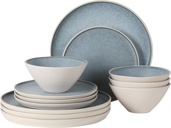 Gibson Elite Coastal Forest Plates and Bowls Sets, 12-Piece Stoneware Dinnerware Sets, Triple Reactive Glaze Dish Set - Blue and Cream White