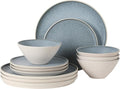Gibson Elite Coastal Forest Plates and Bowls Sets, 12-Piece Stoneware Dinnerware Sets, Triple Reactive Glaze Dish Set - Blue and Cream White