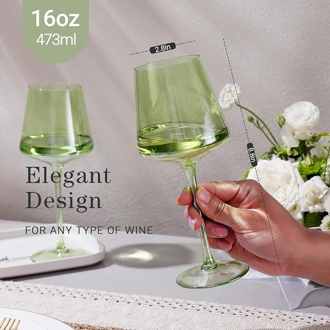 Physkoa Green Wine Glasses Set 6-16oz Modern Green Colored Wine Glasses with Tall Long Stem and Flat Bottom,VerdantGlassware for Birthday Wedding Bridal Shower