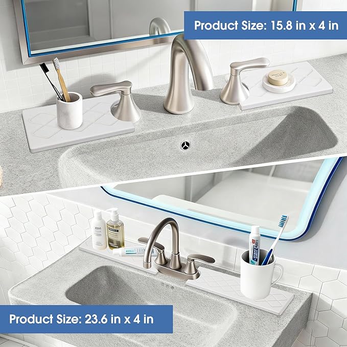 Kitchen Sink Mat, Stone Faucet Mat for Kitchen Sink with Raised Feet, Water Absorbing Stone Tray for Sink, Faucet Splash Guard, Kitchen Accessories, Matte white, 15.8" x 4"