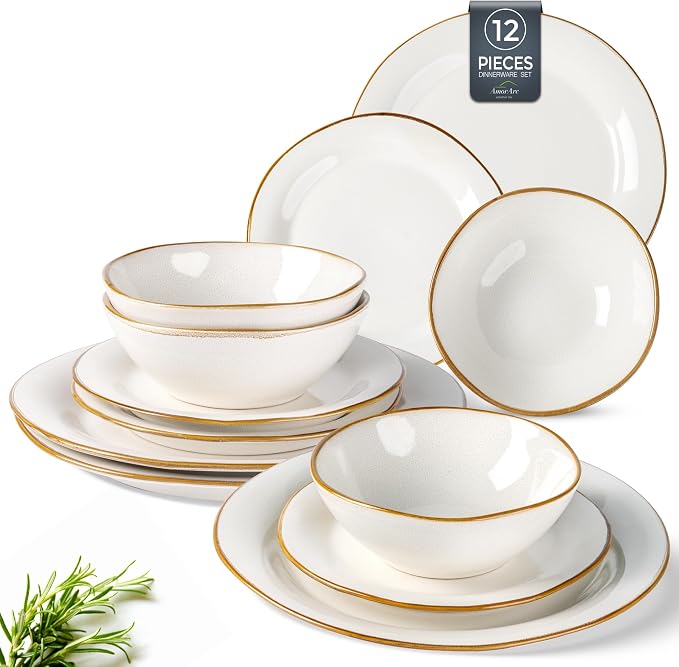 AmorArc Ceramic Dinnerware Sets, Handmade Stoneware Reactive Glaze Plates and Bowls Set, Scratch Resistant | Dishwasher & Microwave Safe, Service for 4 (12pc)