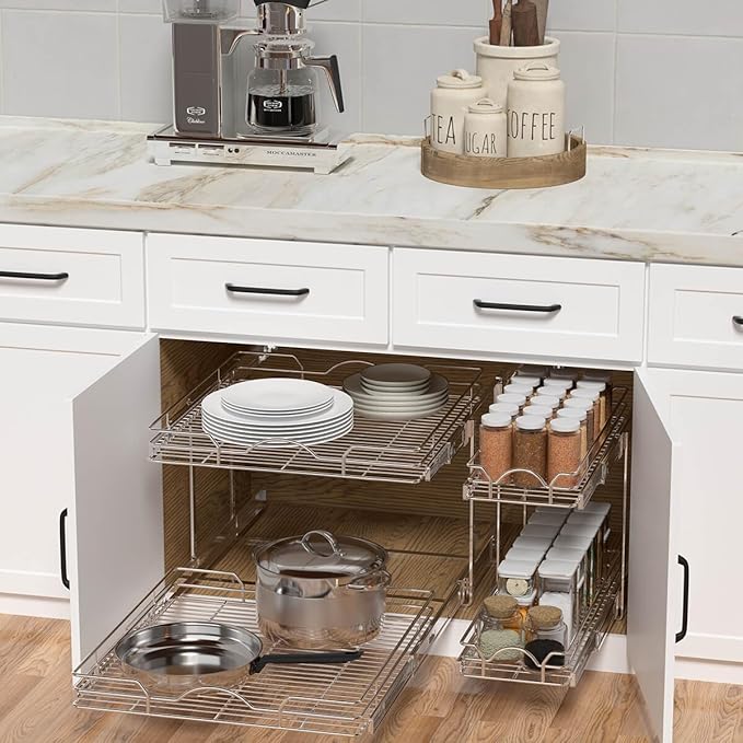 OCG 2 Tier Pull Out Cabinet Organizer (21.5" W x 21" D), Pull Out Drawers for Kitchen Cabinets, Pull Out Shelves for Base Cabinet Organization in Kitchen Bathroom Pantry, Chrome Finish