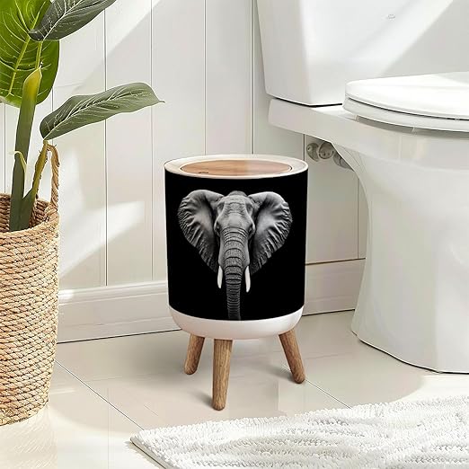 Trash Can with Lid Monochrome Portrait Elephant Press Top Round Small Garbage Bin with Wooden Legs Waste Basket for Kitchen Bedroom Nursery 7L/1.8 Gallon