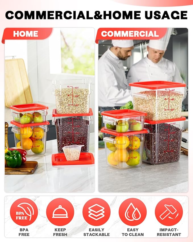 8QT NSF Food Storage Containers: 6PCS[Food Grade][Hot&Cold Resistant] Clear Food Storage Containers with Scales Handles for Home Restaurant Kitchen Storage Pizza Proof Dough, BPA Free (N3)