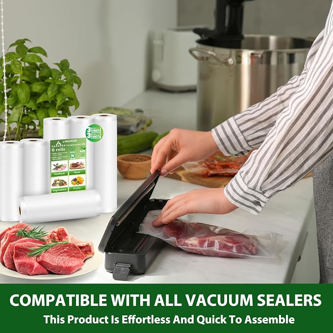 Vacuum Sealer Bags Rolls 6 Pack, 3 Rolls 11" x 20' &3 Rolls 8" x 20', BPA-Free Commercial Grade Food Storage Rolls, Compatible with Most Vacuum Sealer Machines for Meal Prep, Freezer Storage&Sous Vide