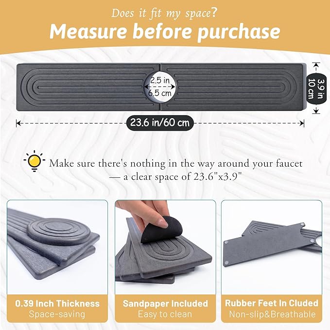 Faucet Mat for Kitchen Sink, 24'' Long Diatomite Sink Protector Splash Guard Draining Mat, Quick Drying Stone Sink Tray, Water Absorbent Soap Sponge Holder for Bathroom, Women Birthday Gift, Dark Gray