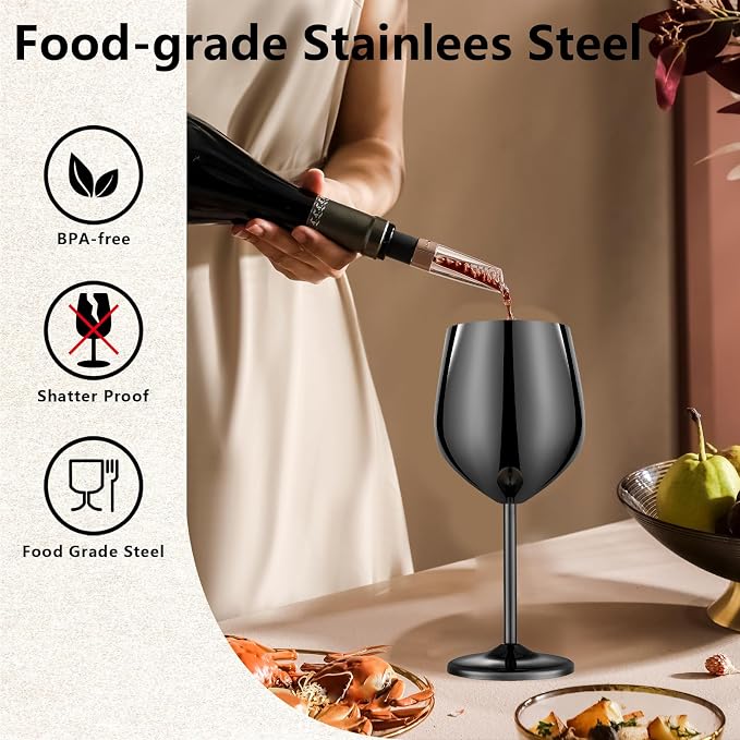 UNISWEET Stainless Steel Wine Glasses Set of 4 Unbreakable Wine Glass 18 oz Unique Metal Wine Goblets for Outdoor, Travel, Camping, Pool, Ideal Gift for Wine Lovers (Mirror-Black)