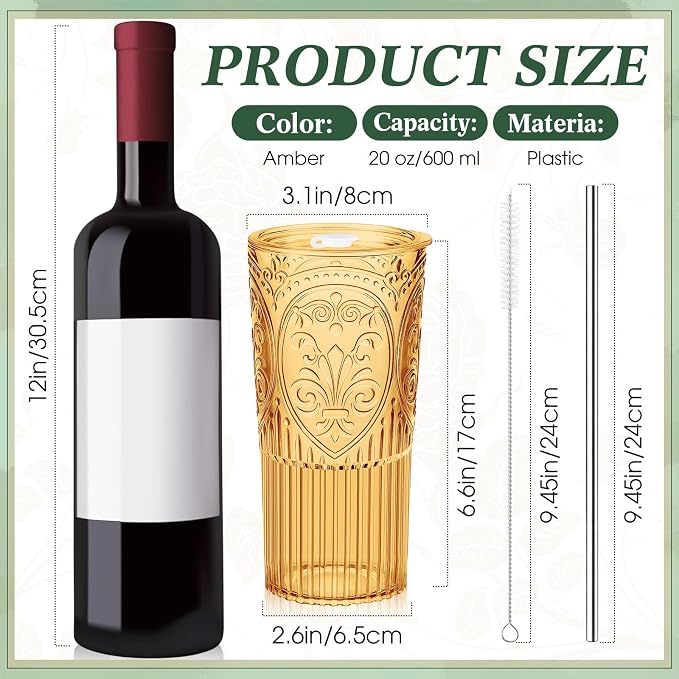 4 Set 20oz Vintage Plastic Tumbler with Lids and Straws Ribbed Floral Drinking Glasses Reusable Iced Coffee Cups for Water Juice Smoothie Cocktail Travel Party Events Gift (Amber)