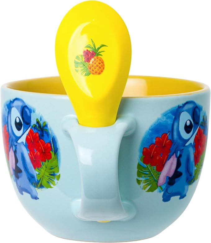 Silver Buffalo Disney Lilo and Stitch Tropical Water Ceramic Soup Mug with Spoon Set, 24 Ounces