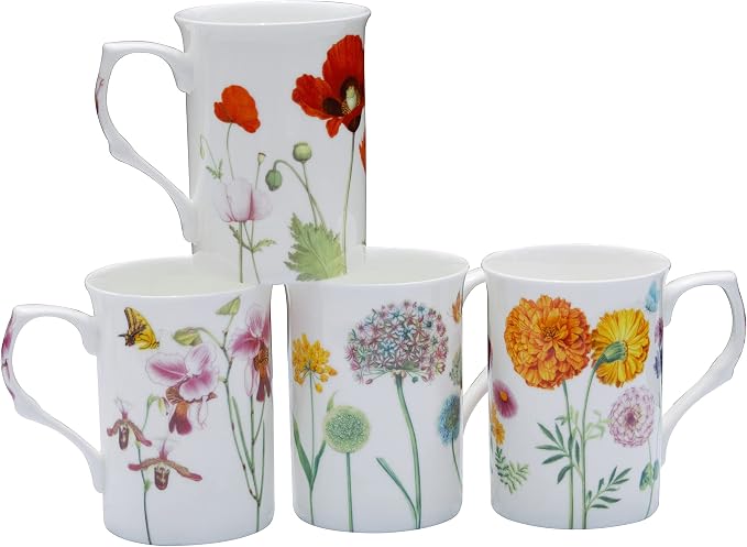 Bone China Coffee Tea Mugs 9-Ounce, Assorted Set of 4 (Wildflower Garden)