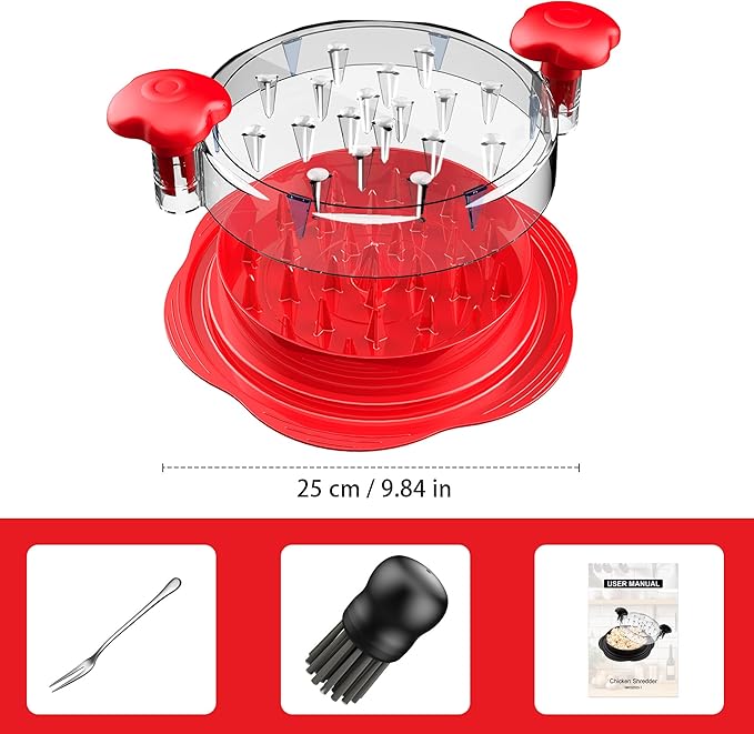 SURETIVIAN Chicken Shredder Large Chicken Breast Shredder Tool Twist with Brush&Fork, Visible Meat Shredder Machine, Anti-Slip Strip, Ergonomic Handle, BPA Free, Suitable for Pork Beef Chicken(Red)