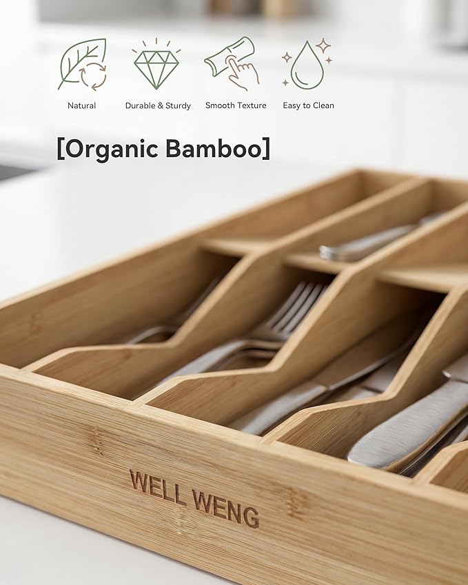 Bamboo Cutlery Drawer Organizer,Silverware Organizer 10 Slot Silverware Tray with V-Groove & Anti-Slip Blocks Flatware Utensil Storage for Kitchen Drawers (16" D x 12.3" W x 2.25" H)