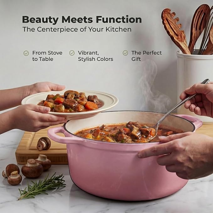 Zulay Kitchen 6.4QT Enameled Cast Iron Dutch Oven Pot with Lid, Heavy-Duty Soup Pot for Stews, Braising, Roasting & Sourdough Bread Baking, Oven Safe up to 500°F - Pink