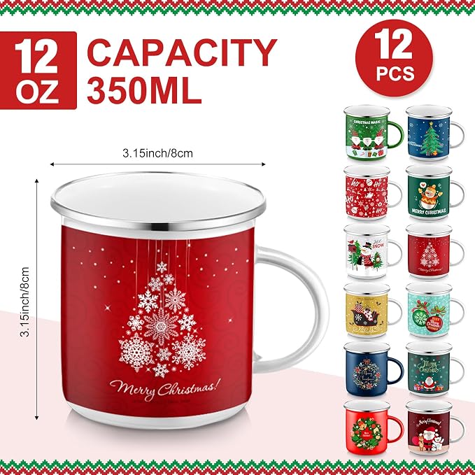 Sliner 12 Pcs Christmas Enamel Mugs, 12 oz Coffee Mugs Bulk Hot Chocolate Mug Set Cute Enamel Tea Cups Winter Holiday Christmas Employee Gift for Family Coworkers (Snowman)