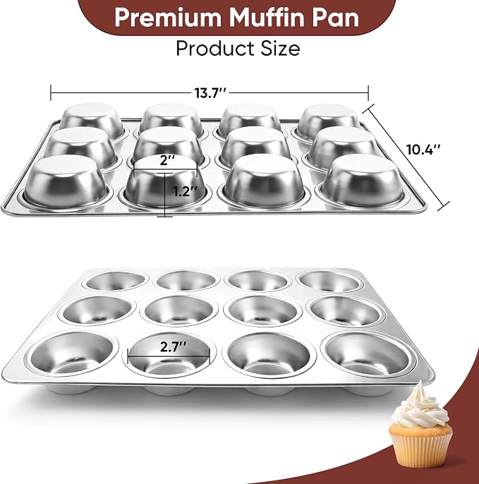 LIANYU 12 Cup Muffin Cupcake Pan for Baking, 4 Pack Stainless Steel Cup Cake Muffin Tin, Non-Toxic Muffin Cupcake Tray Pan for Oven, Metal Cupcake Mold for Mini Muffin Quiches, Dishwasher Safe