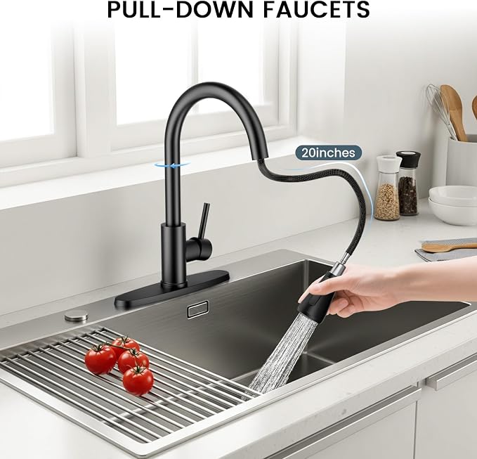 FEELSO Kitchen Faucets with Pull Down Sprayer, High Arc Single Handle Kitchen Sink Faucet, 1 or 3 Hole Brushed Nickel Water Faucets for Farmhouse Laundry Camper Rv Bar(Matte Black)