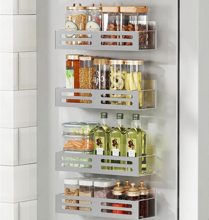 Magnetic Spice Rack for Refrigerator, Metal Spice Rack Organizer, Magnetic Shelf for Fridge 4Pack Grey