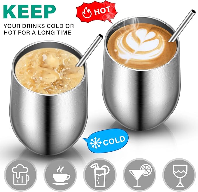 Remagr 16 Pack Stainless Steel Wine Tumblers 12 oz Insulated Vacuum Wine Cup Set Double Wall Stainless Steel Stemless Mug Glasses for Coffee Soda Whiskey Outdoor Travel (Silver)