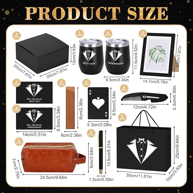 50PcsGroomsmen Proposal Gift of 5 Sets with 12OZ Wine Tumbler PU Leather Toiletry Bag Photo Frame Bottle Opener Pens with Exquisite Package for Wedding Groomsman Best Man Gift (5 set)