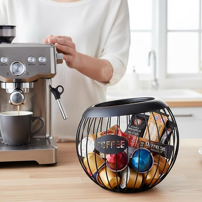 Hemisphere Coffee Pod Holder, Black Cof Station, Iron Capsule Organizer with Angled Opening, Includes 10 Tasting Cups, Kitchen Counter, Office