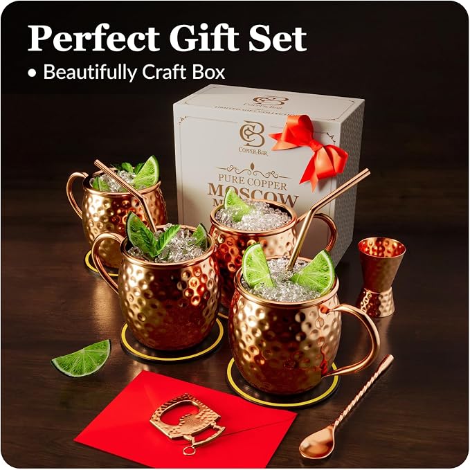 COPPER-BAR Moscow Mule Copper Mugs - Unique HANDCRAFTED Gift Set of 4, Hammered by Artisan, 100% Pure Solid Copper Cups 16oz for Drinking Water & Cocktails, Include 19 Pcs accessories & Special Opener