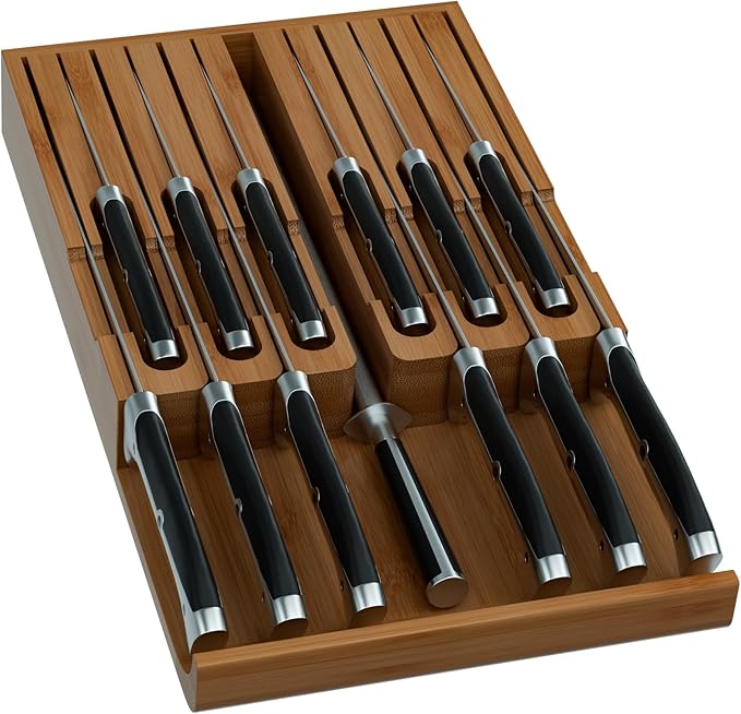 Domax Bamboo In-drawer Knife Block - Kitchen Knife Drawer Organizer Insert, Steak Knife Holder Without Knives, Drawer Knife Organizer Fits for 12 knives and 1 Sharpening Steel (Not Included), Walnut