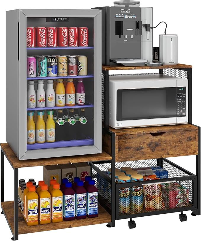 PUNCIA Coffee Bar Cabinet with Mini Fridge Stand Storage & Power Outlet | Microwave Oven Stand & Beverage Refrigerator Table, Built-in Drawer Rolling Basket for Dorm Apartment Pantry Organizer