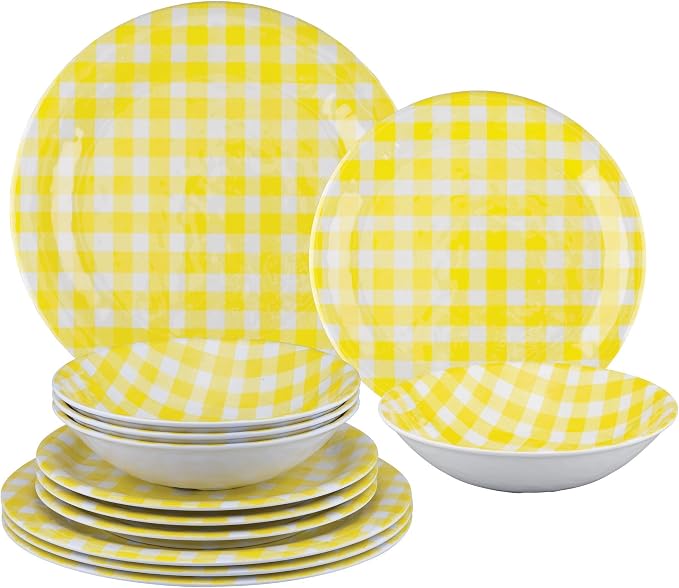 UPware 12 Piece Gingham Melamine Dinnerware Sets, Outdoor Dishes Set, Plates and Bowls Sets, Service for 4, Yellow