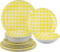 UPware 12 Piece Gingham Melamine Dinnerware Sets, Outdoor Dishes Set, Plates and Bowls Sets, Service for 4, Yellow